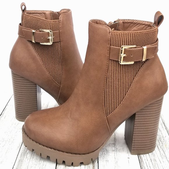 Shoes - New Women Tan Elastic Chelsea Chunky Heel Ankle Boots Booties